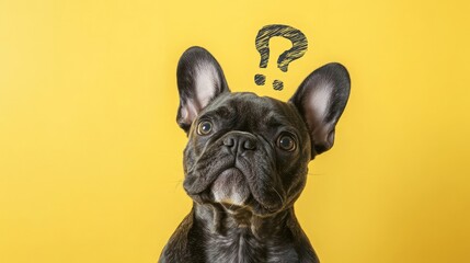 French Bulldog with question marks above its head on a vibrant yellow backdrop, symbolizing inquiry