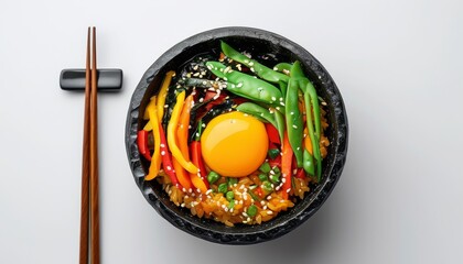 Colorful Bibimbap Bowl with Fresh Vegetables and Egg Yolk on a Minimalist Table Setting