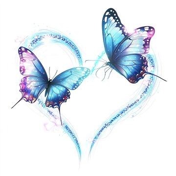 Two beautiful butterflies forming a heart with sparkling trails, white isolate background.