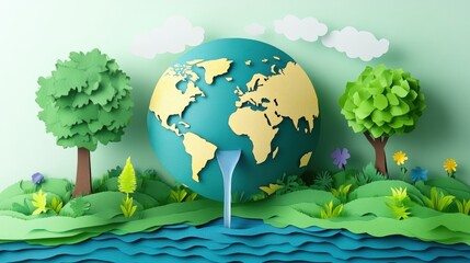 Ecology and world water day, Saving water and world Environment day, environmental protection and save earth water, Paper art