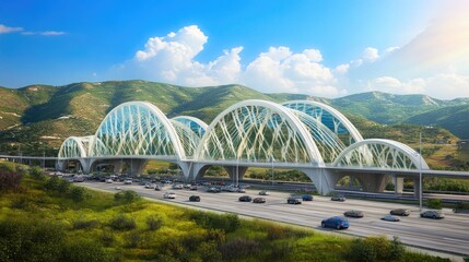 A modern bridge design spanning a highway with mountains in the background.