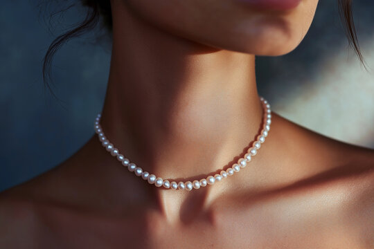 A close-up of a model's decollete highlighted by a pearl choker necklace.
