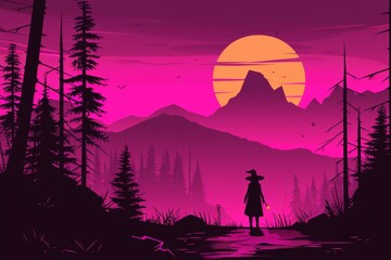 Naklejka premium Vibrant sunset over mountains with a silhouette of a person in a mystical landscape