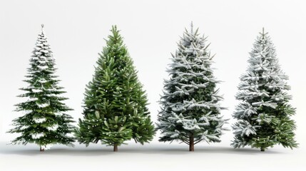 Four snow-covered Christmas trees isolated on white background.