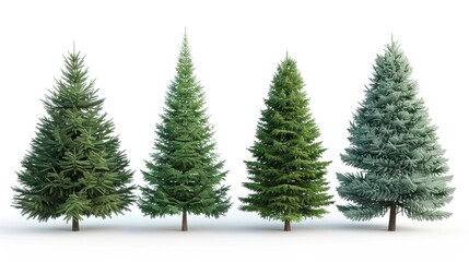 Obraz premium Four conifer trees isolated on white background. Different shades of green.