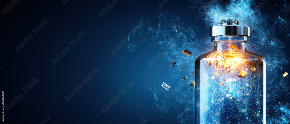 Poster close up of conceptual glass bottle exploding with colorful particles and smoke, creating magical ef