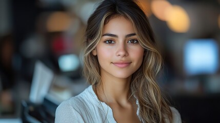 Obraz premium A portrait of a Latina woman entrepreneur with a cash register, representing management, small business, or leadership