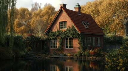 Charming brick cottage nestled beside a tranquil pond, surrounded by vibrant autumn foliage.