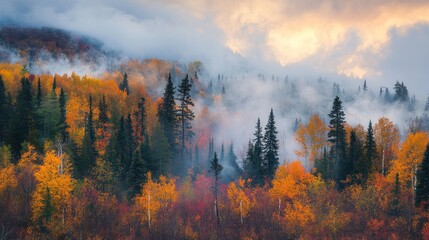 Misty autumn forest with colorful foliage and evergreen trees on hills.