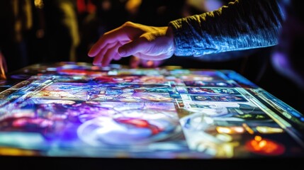 Hand interacting with a vibrant, digital interactive table game.