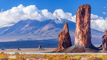 Volcanic rock formations near a salt lake with a mountain backdrop under a partly cloudy sky.