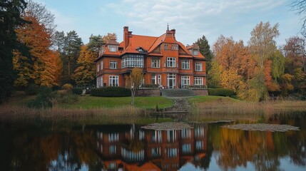 Fototapeta premium Autumnal mansion reflected in a tranquil pond.