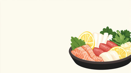 Colorful sashimi platter featuring fresh fish, lemon slices, and vegetables, perfect for sushi lovers