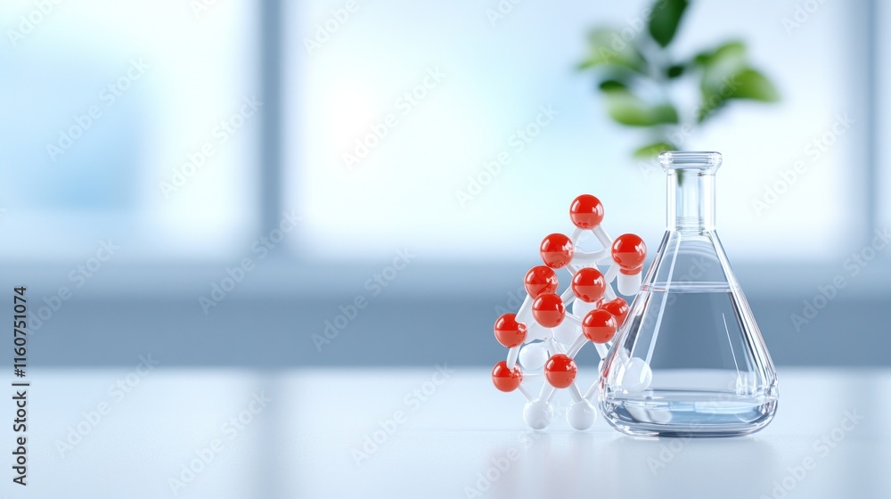 Aufkleber a laboratory scene with a flask and molecular model of water.