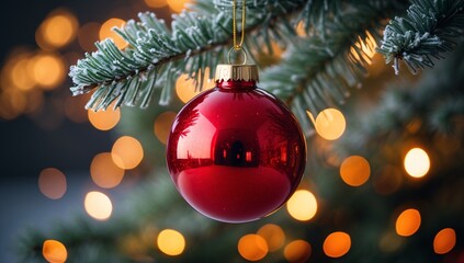 Fototapeta premium Shimmering red ornament hanging amidst twinkling golden lights on a festive holiday evening filled with warmth and joy