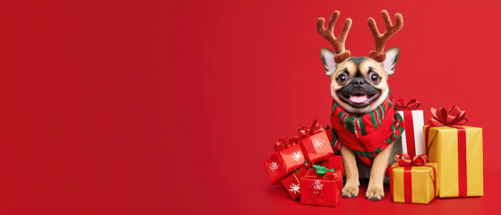Fototapeta premium Fashionable cute dog wearing reindeer antlers stands beside colorful gifts, spreading holiday cheer