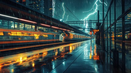Fototapeta premium Night train station during thunderstorm.