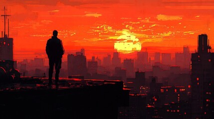 Fototapeta premium a lone figure stands atop a rooftop overlooking a desolate cityscape at sunset.