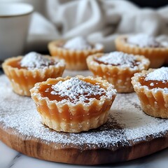 a group of small pastries on a wooden board