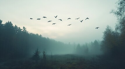 Obraz premium A flock of birds flying over a misty forest.
