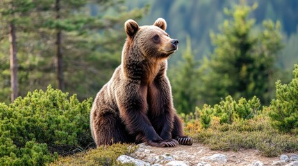 Obraz premium A serene bear sitting in a natural landscape, surrounded by greenery and trees.