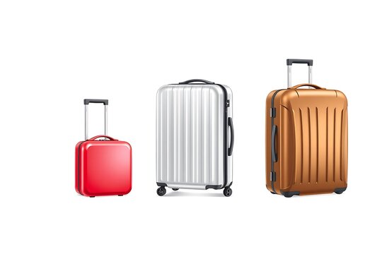 Blank black, white, red suitcase with handle mockup stand, isolated, 3d rendering. Emtpy plastic protection package for vacation things mock up, front view. Clear traveler luggage or baul template.
