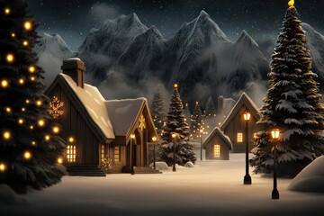 Naklejka premium Serene winter scene featuring cozy cabins surrounded by snow covered trees, twinkling lights, and majestic mountains under starry sky