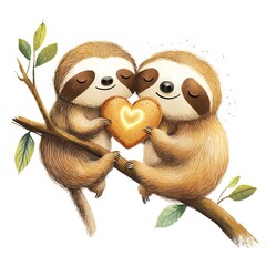 Obraz premium Two cute sloths in love, holding a heart-shaped cookie on a tree branch.