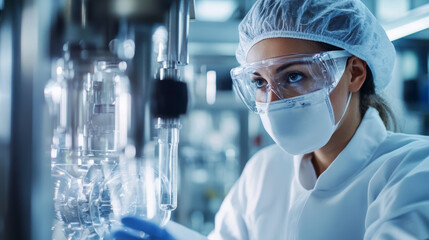An industrial worker in protective glasses operating machinery in a factory.