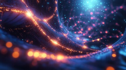 Futuristic server room with glowing data pathways powered by AI technology Abstract depiction of interconnected networks managing data processing systems