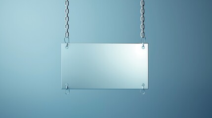 Metallic blank sign with chain, hanging isolated on a gradient blue background.