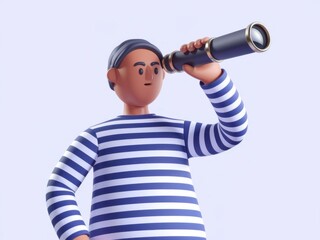 Fototapeta premium 3D Sailor Peering Through Spyglass with Confident Stance Against White Background