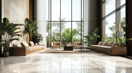 A modern and luxurious hotel lobby with marble floors, large windows, and comfortable seating areas.
