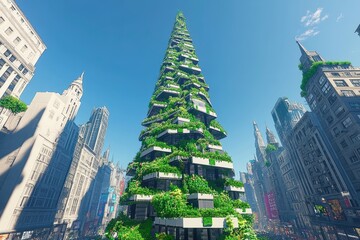 Obraz premium A futuristic green skyscraper adorned with lush vegetation in an urban setting.