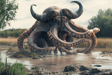 Naklejka premium View of a realistic creature made from a combination of an octopus and a buffalo