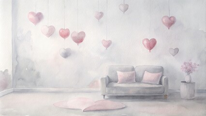 Elegant minimalist interior with heart shaped balloons and soft pastel tones