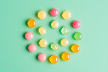 Obraz premium Colorful gummy candies arranged in circular pattern on vibrant m
