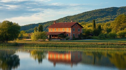 Fototapeta premium Rustic house reflecting on calm lake at sunrise.