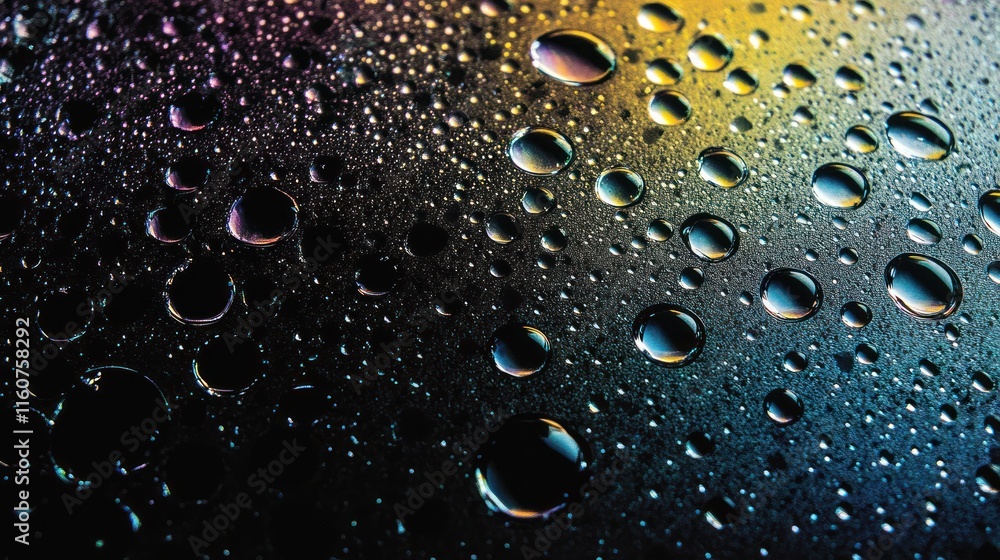 Wall mural Colorful water droplets on dark surface.