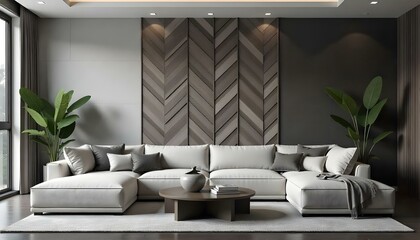 A modern living room with a large sofa, a round coffee table, and a textured accent wall with a chevron pattern in shades of gray