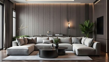 A modern living room with a large sofa, a round coffee table, and a textured accent wall with a chevron pattern in shades of gray