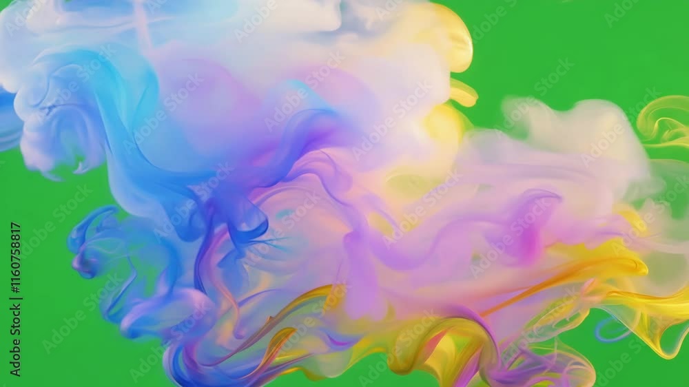Poster ethereal clouds of color cascade and intertwine. green screen chromakey.