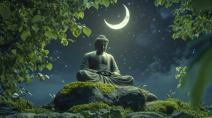 Serene Night Meditation: Buddha Statue Under a Crescent Moon