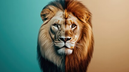 Fototapeta premium The Majestic Lion: A striking portrait of a lion's head, captured in an abstract split-tone style, against a vibrant teal and beige backdrop. The lion's piercing gaze, framed by a majestic mane.