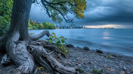 Majestic tree roots on lakeshore with city skyline and stormy sky.