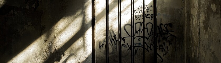 A dimly lit space with barred windows and graffiti on the wall, evoking a sense of confinement.