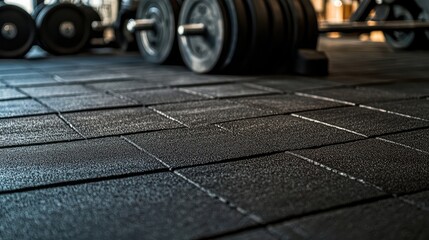 Gym flooring with textured black mats, emphasizing strength and endurance