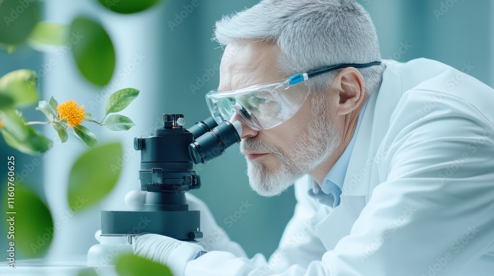 Poster scientist examining a flower under a microscope in a lab setting.