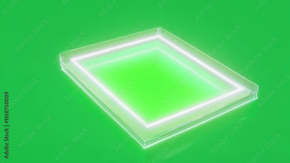 Poster square platform with glowing edges hovering effortlessly. green screen chromakey.