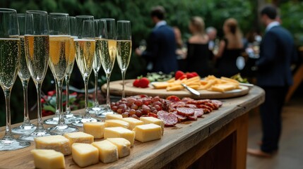 Elegant Garden Party: A delectable spread of cheese, charcuterie, and fresh fruit sits invitingly on a rustic wooden table, complemented by flutes of champagne.
